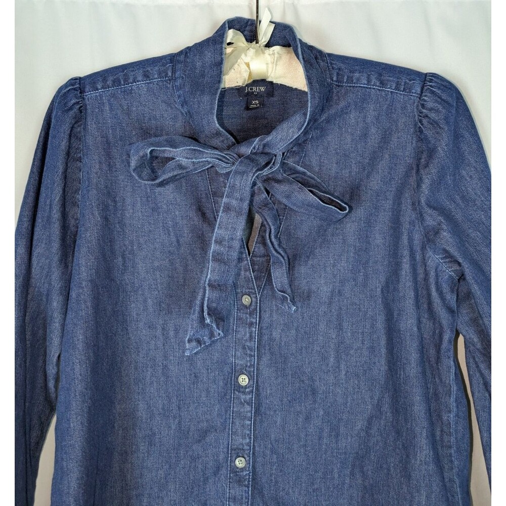 J. Crew Blouse XS Women's Blue Denim Chambray Bow Tie Neck Long Puff Sleeve - Picture 3 of 8